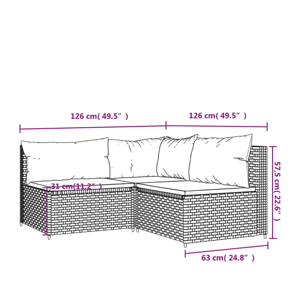 3-delige Loungeset met kussens poly rattan