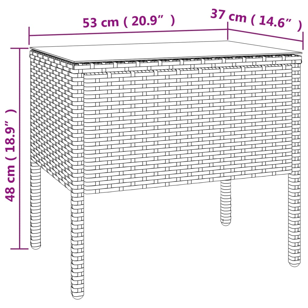 Table d'appoint 53x37x48 cm poly rotin et verre trempé