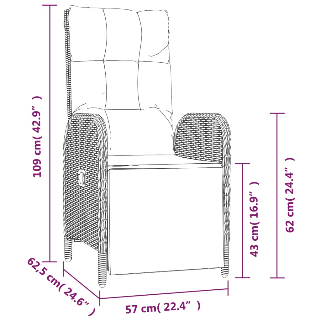 Tuinstoelen 2 st verstelbaar met kussens poly rattan