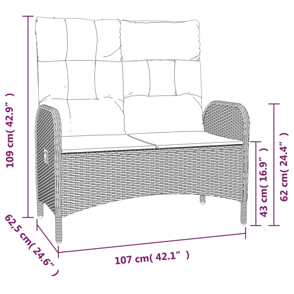 Tuinbank verstelbaar met kussens 107 cm poly rattan