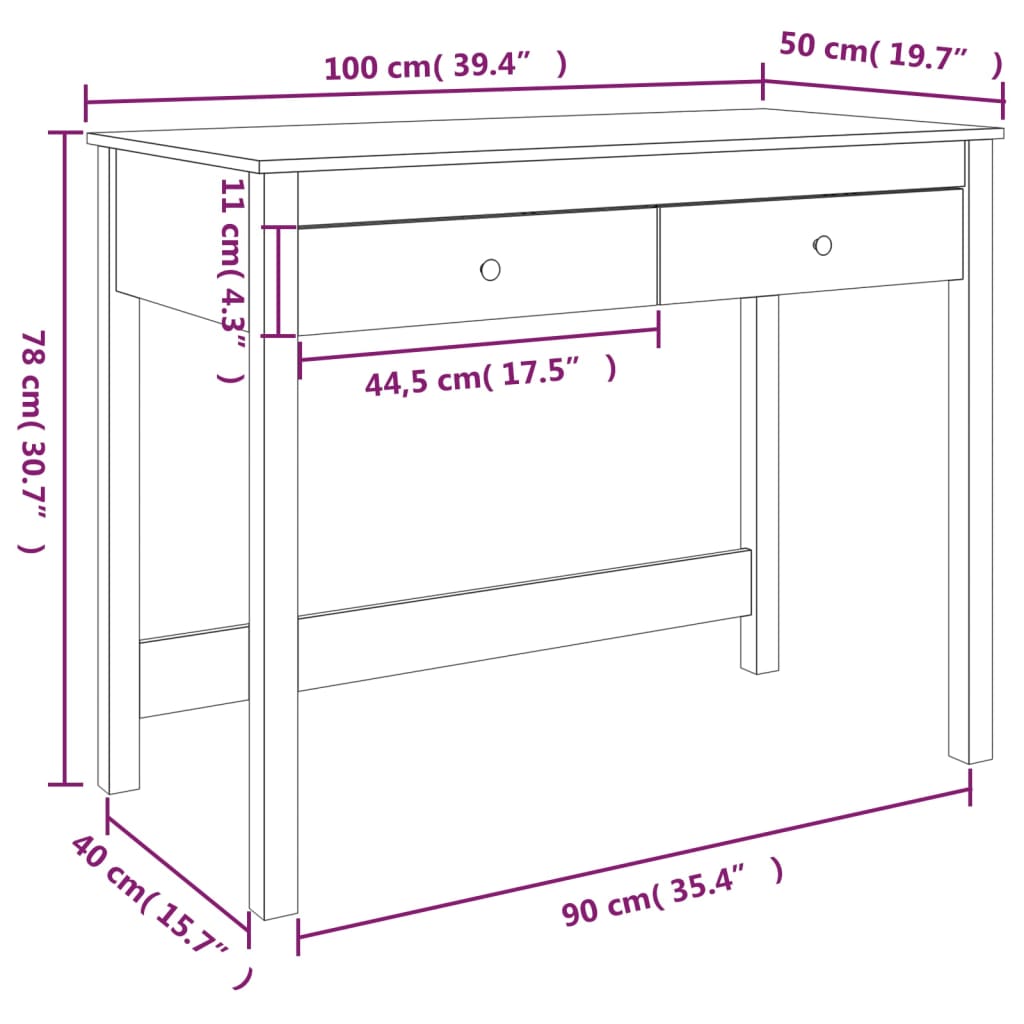 Bureau met lades 100x50x78 cm massief grenenhout