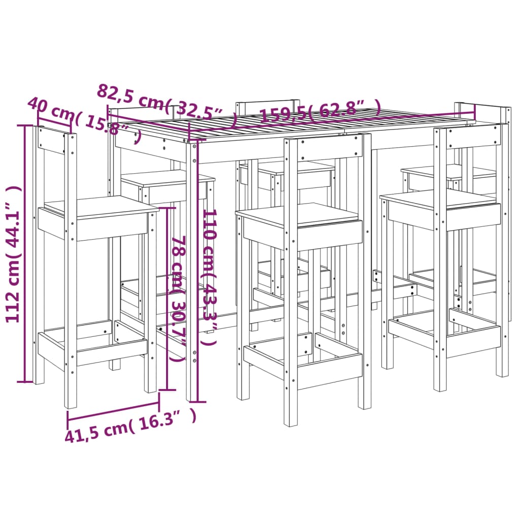 Ensemble de bar 7 pièces en bois de pin massif