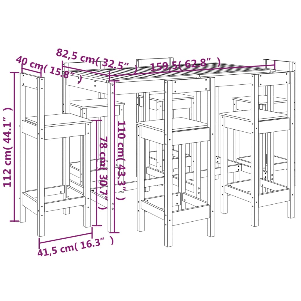 7-delige Barset massief grenenhout