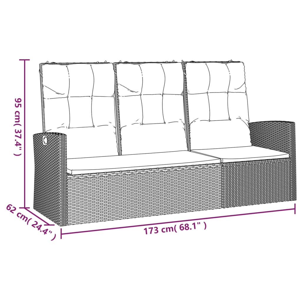 Tuinbank verstelbaar met kussens 173 cm poly rattan