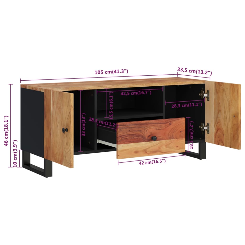 Meuble TV 105x33,5x46 cm en bois d'acacia massif et dérivé du bois