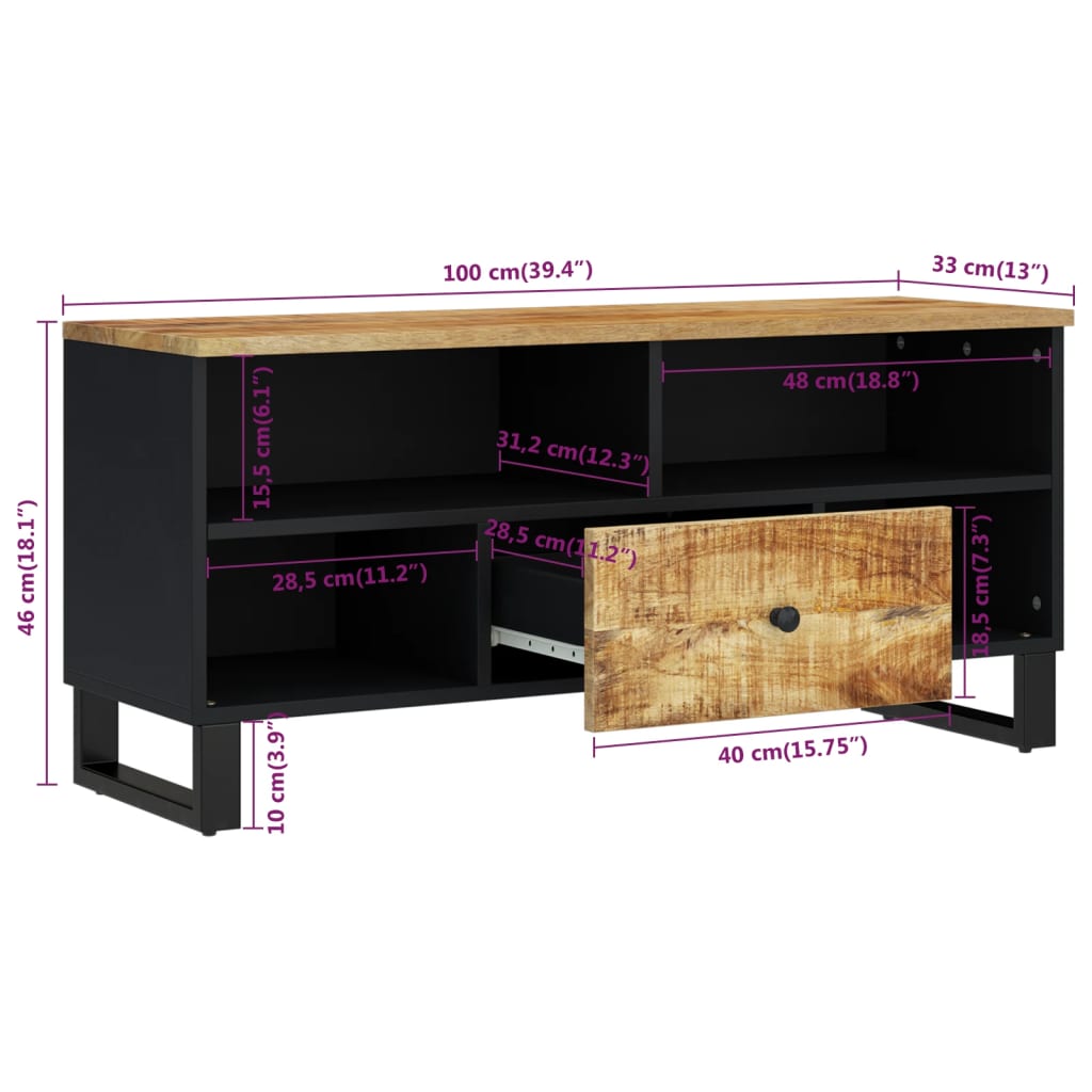 Meuble TV 100x33x46 cm en bois d'acacia massif et dérivé du bois