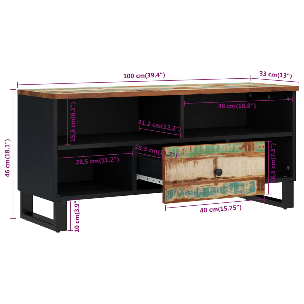 Meuble TV 100x33x46 cm en bois d'acacia massif et dérivé du bois