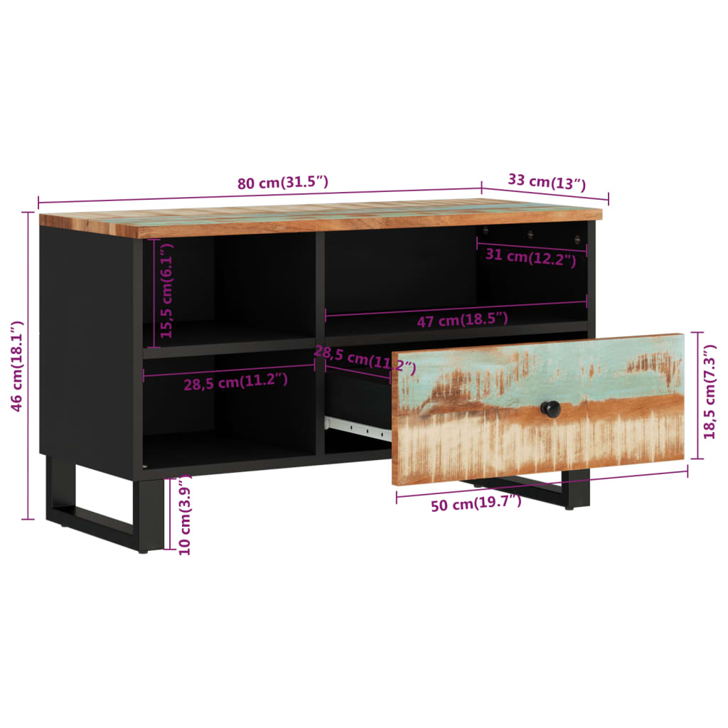 Meuble TV 80x33x46 cm bois de récupération massif et bois transformé