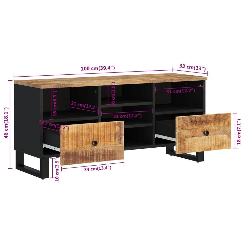 Meuble TV 100x33x46 cm en bois d'acacia massif et dérivé du bois