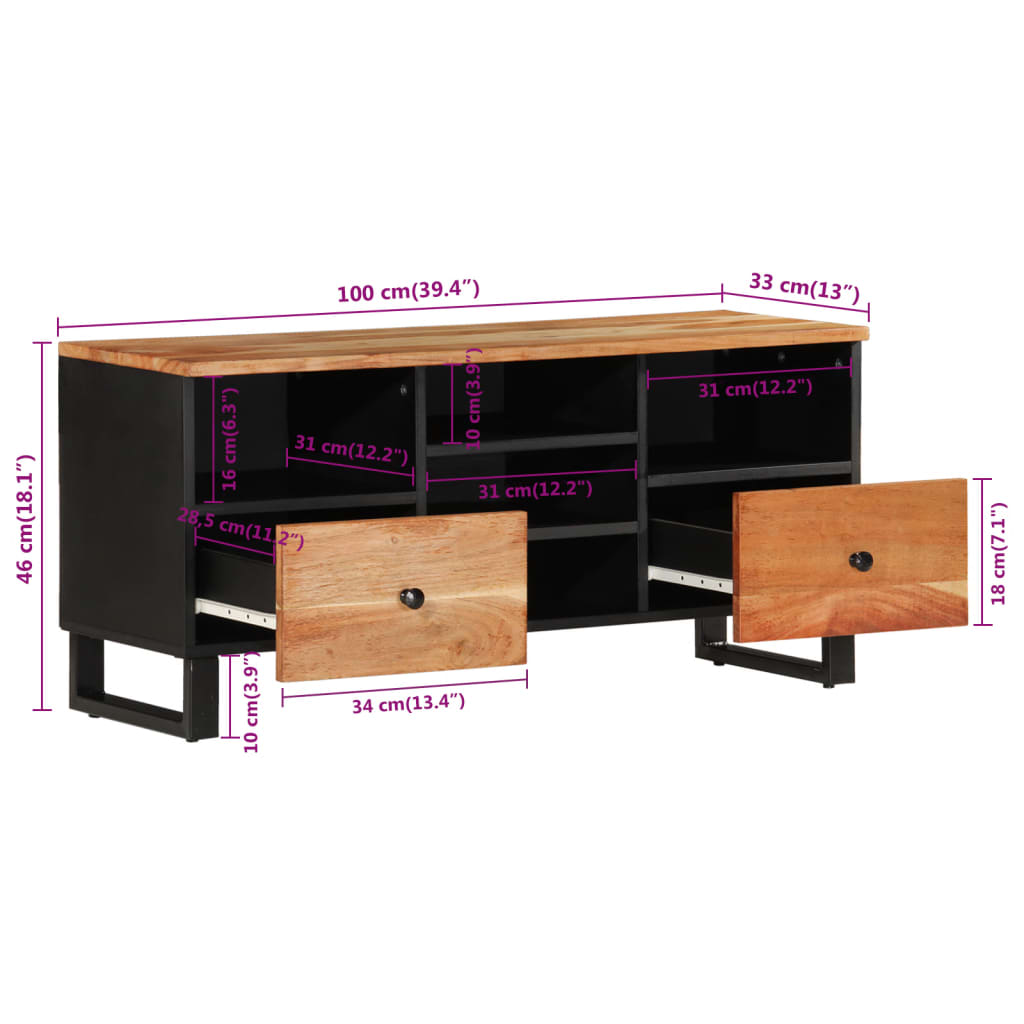 Meuble TV 100x33x46 cm en bois d'acacia massif et dérivé du bois