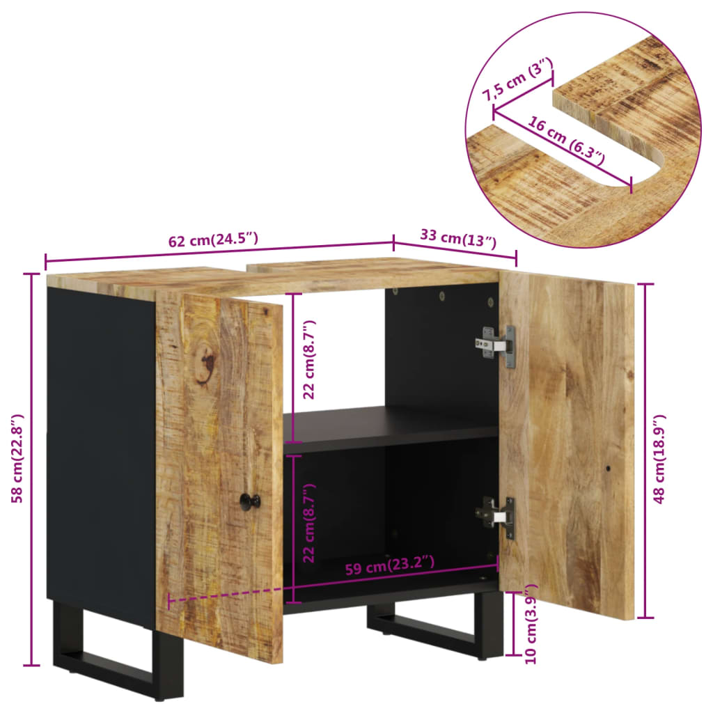 Meuble vasque 62x33x58 cm en bois d'acacia massif et bois sculpté