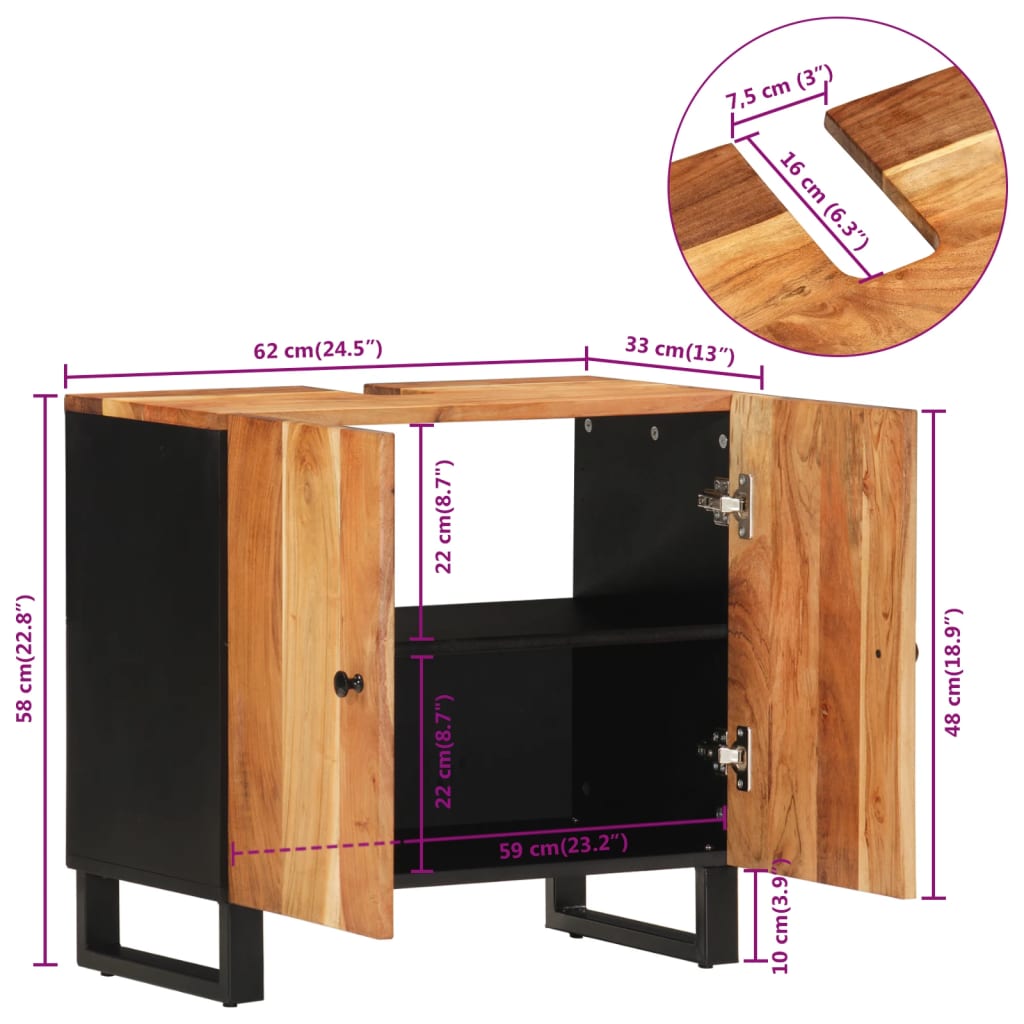 Meuble vasque 62x33x58 cm en bois d'acacia massif et bois sculpté