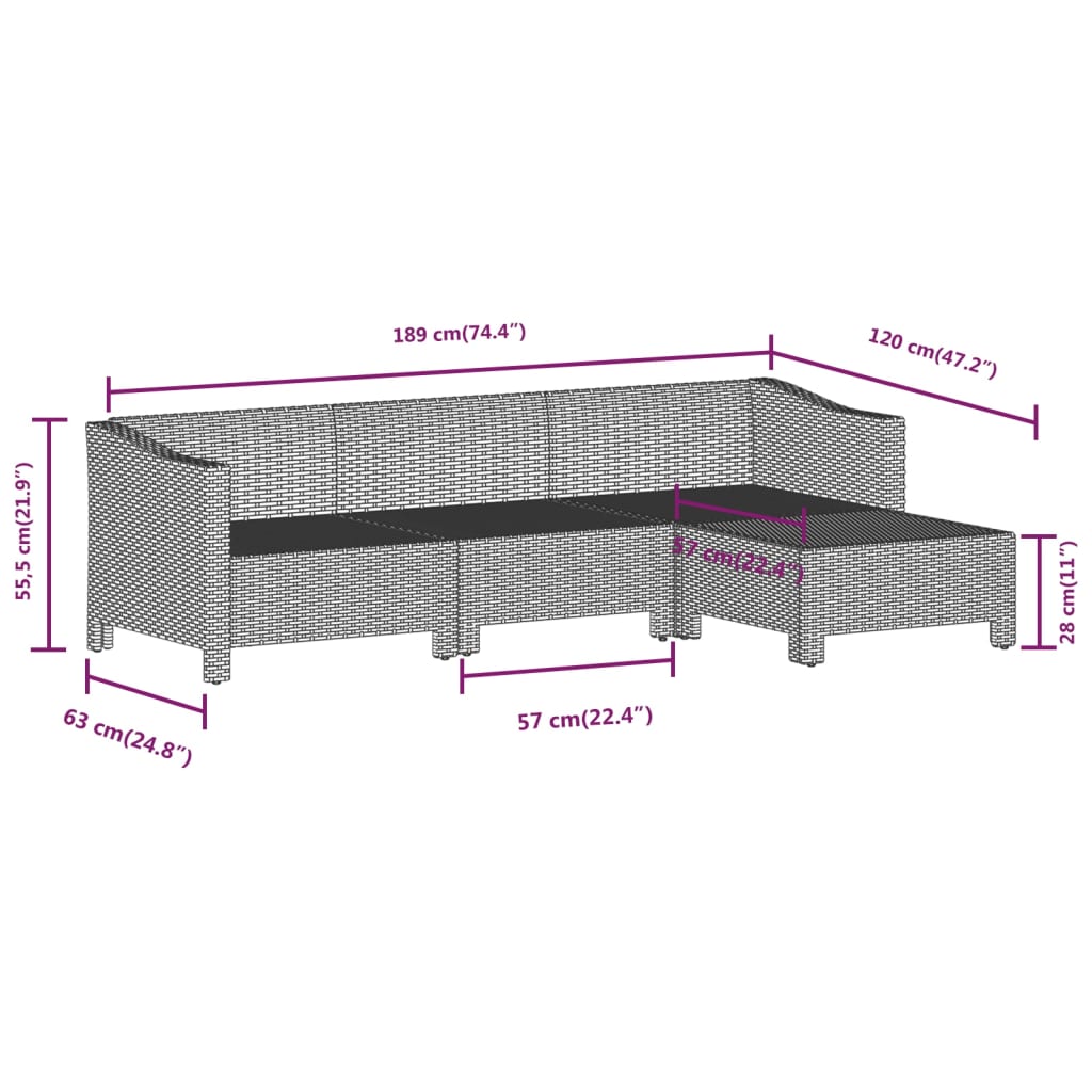 Tuinmiddenbank met kussens poly rattan grijs