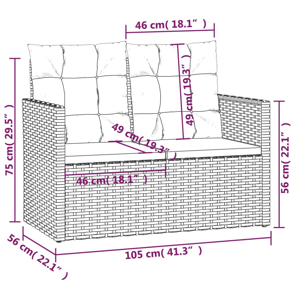 Tuinbank met kussens 105 cm poly rattan