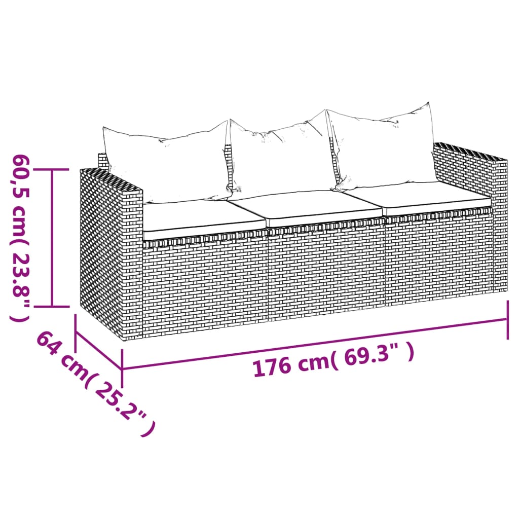 Tuinbank 3-zits met kussens poly rattan