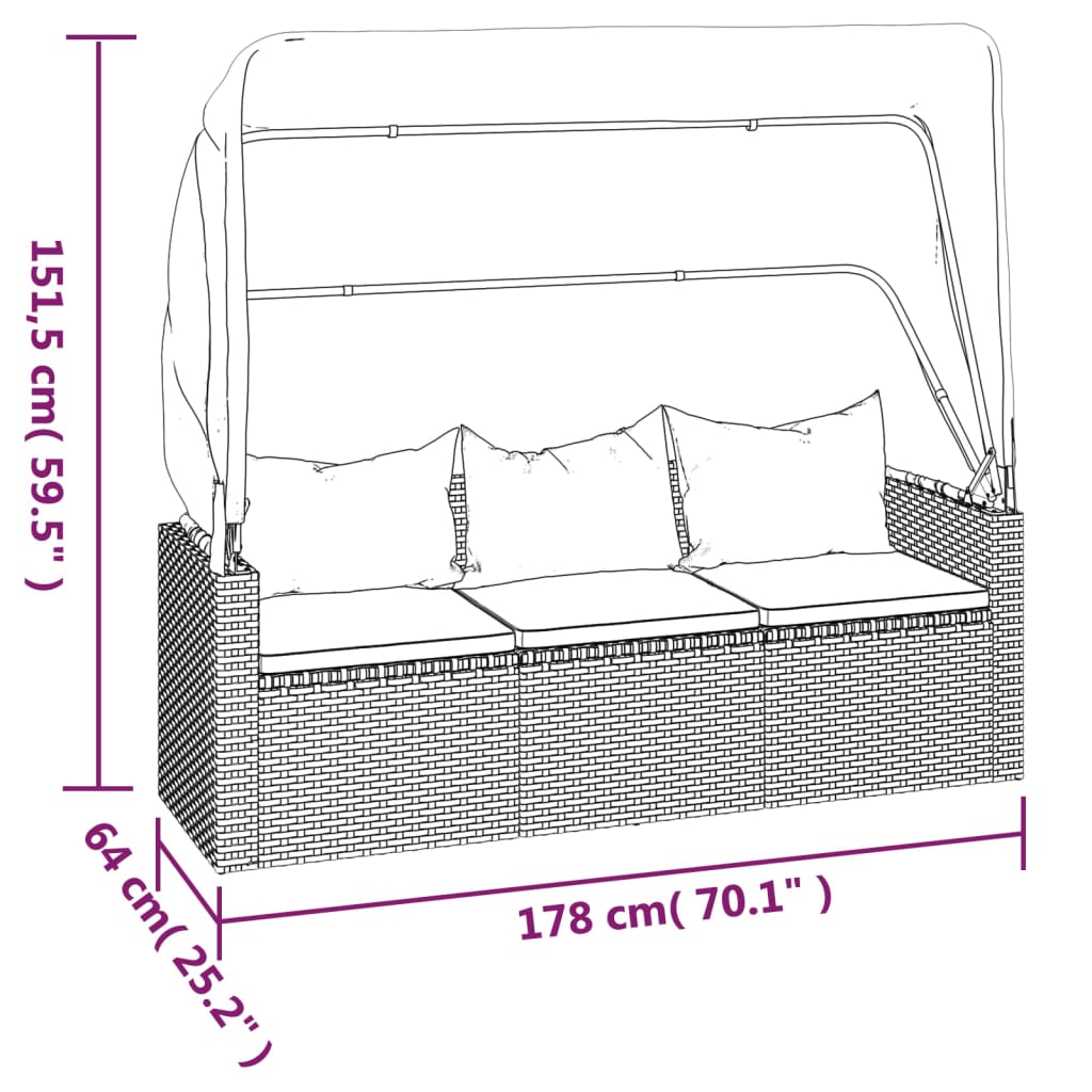 Tuinbank 3-zits met dak en voetenbank poly rattan