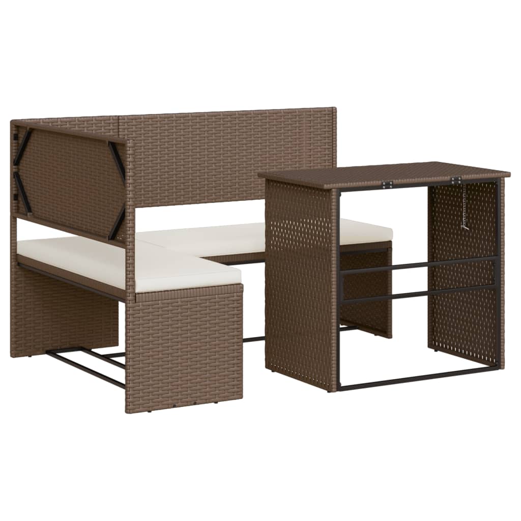 Banc de jardin avec table et coussins en poly rotin en forme de L