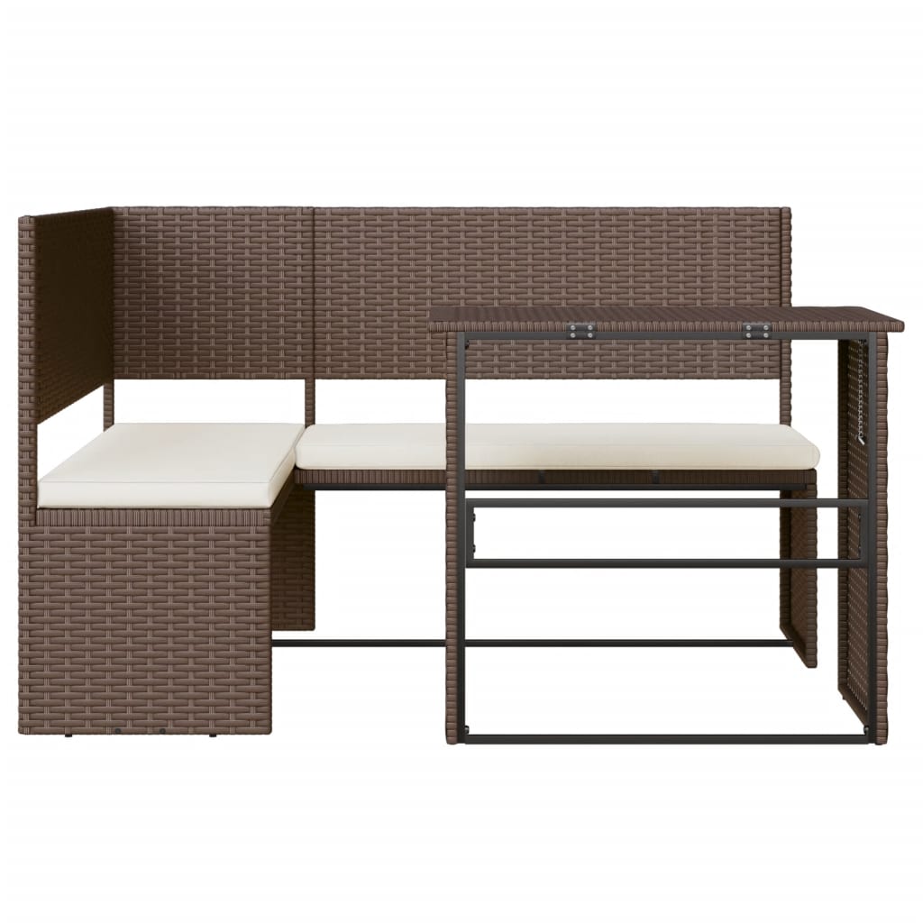 Banc de jardin avec table et coussins en poly rotin en forme de L