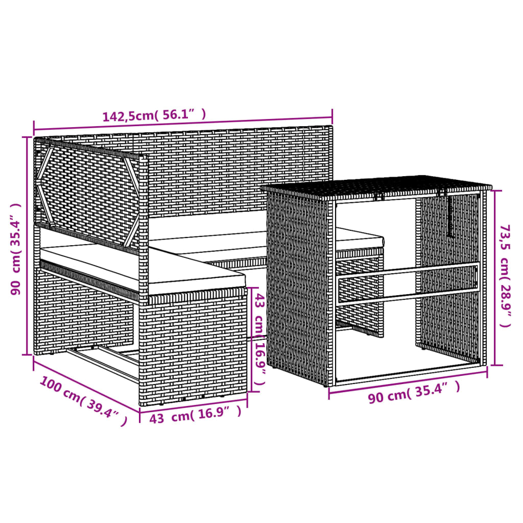 Banc de jardin avec table et coussins en poly rotin en forme de L