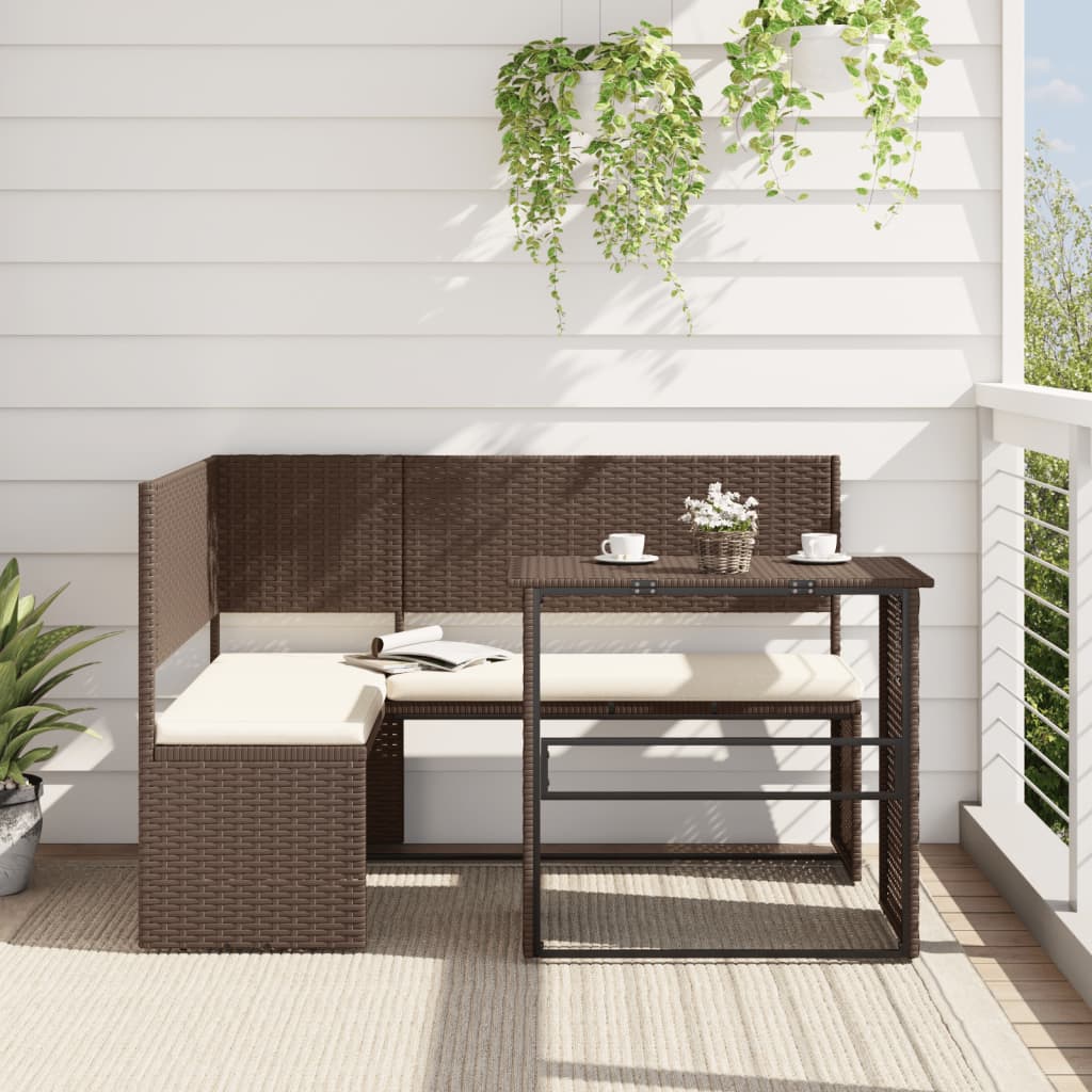 Banc de jardin avec table et coussins en poly rotin en forme de L