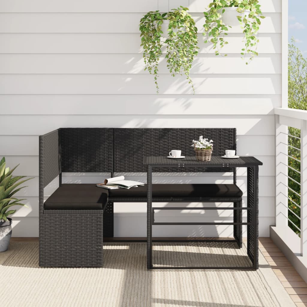 Banc de jardin avec table et coussins en poly rotin en forme de L