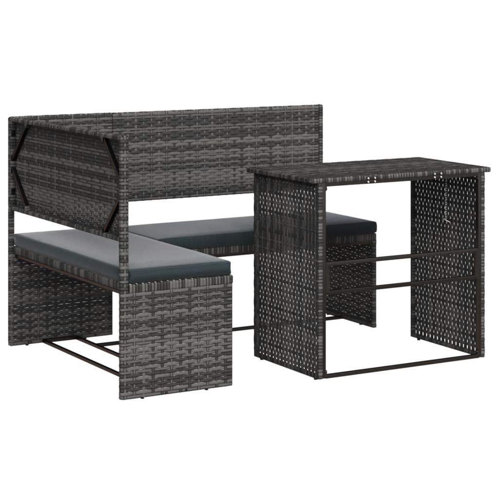 Banc de jardin avec table et coussins en poly rotin en forme de L