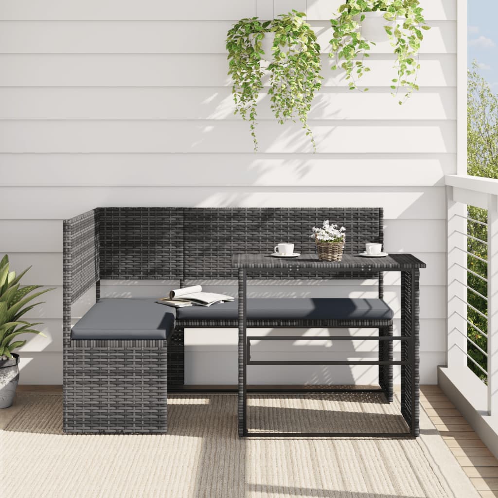 Banc de jardin avec table et coussins en poly rotin en forme de L