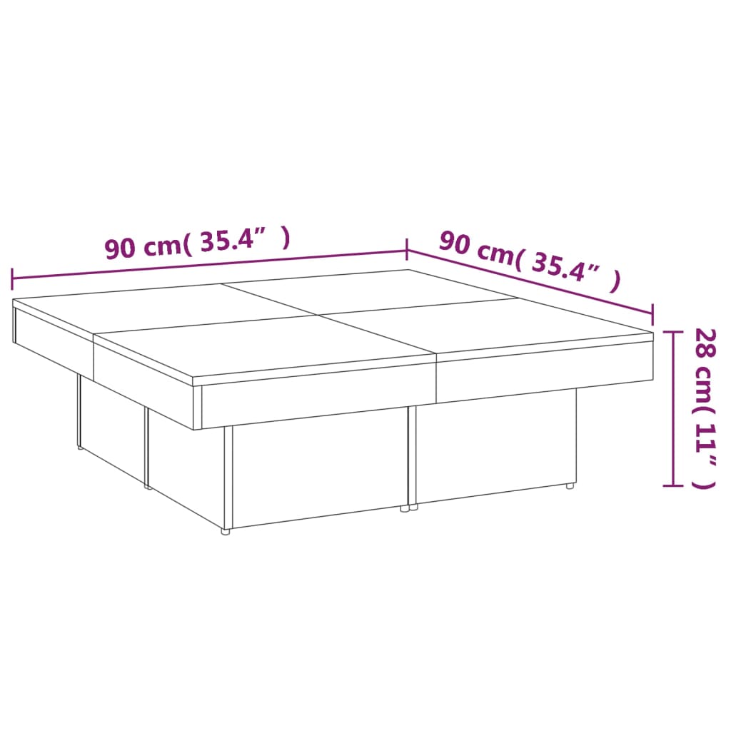 Table basse 90x90x28 cm en bois travaillé