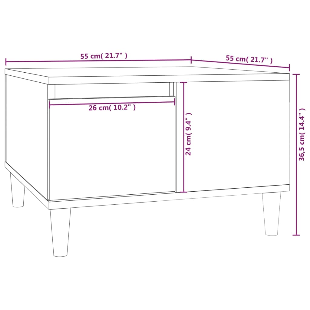 Table basse 55x55x36,5 cm en dérivé du bois, coloris chêne