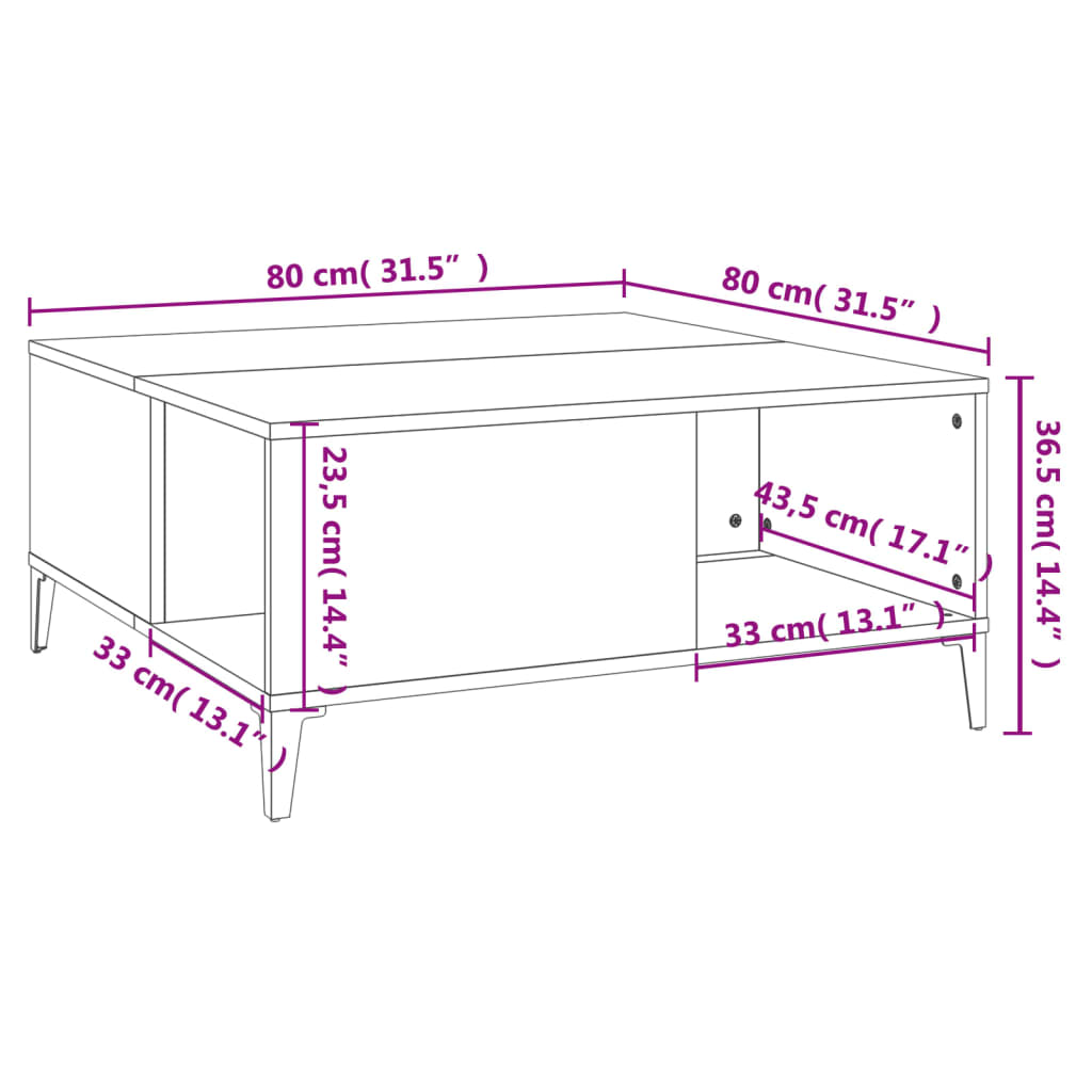 Table basse 80x80x36,5 cm bois fini, couleur chêne