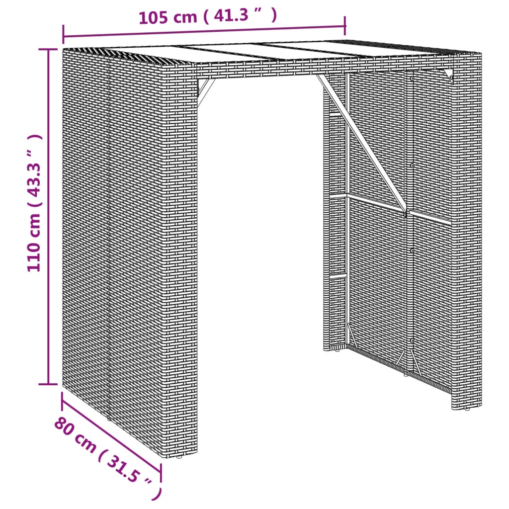 Table de bar avec plateau en verre 185x80x110 cm poly rotin