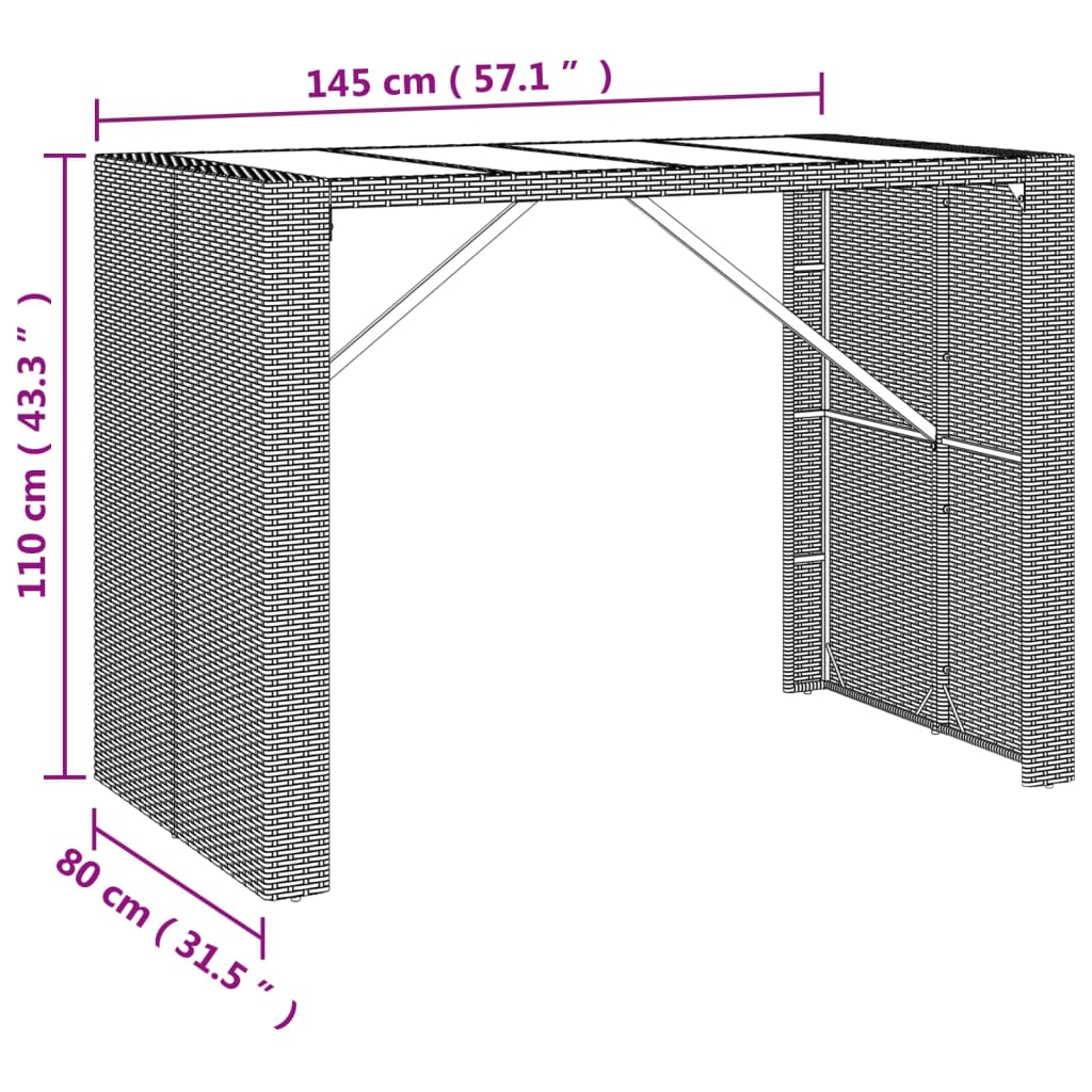 Bartafel met glazen blad 185x80x110 cm poly rattan