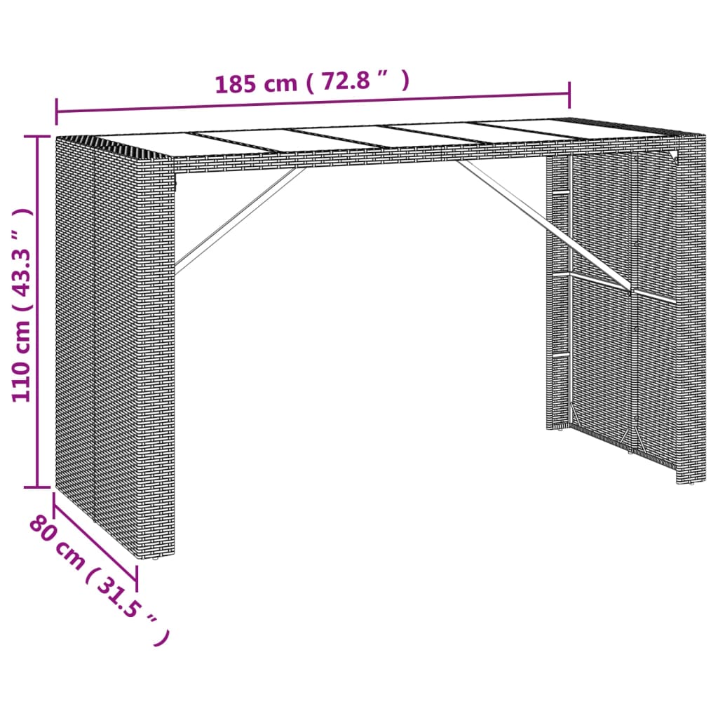 Table de bar avec plateau en verre 185x80x110 cm poly rotin