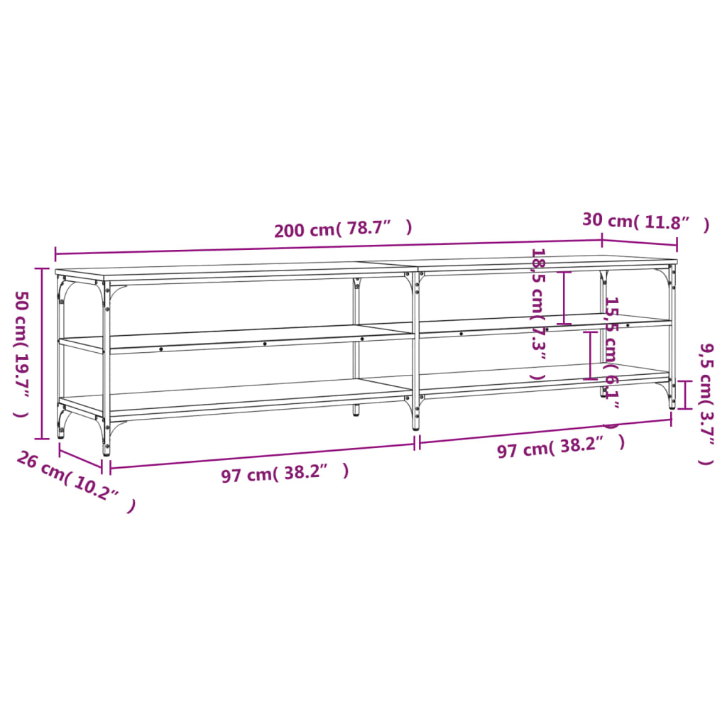 Tv-meubel 200x30x50 cm bewerkt hout metaal gerookt eikenkleurig