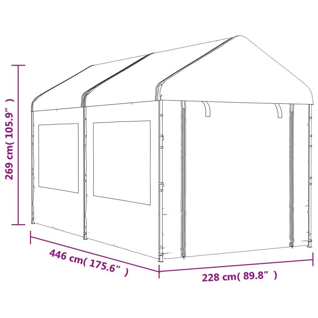 Prieel met dak 13,38x2,28x2,69 m polyetheen wit