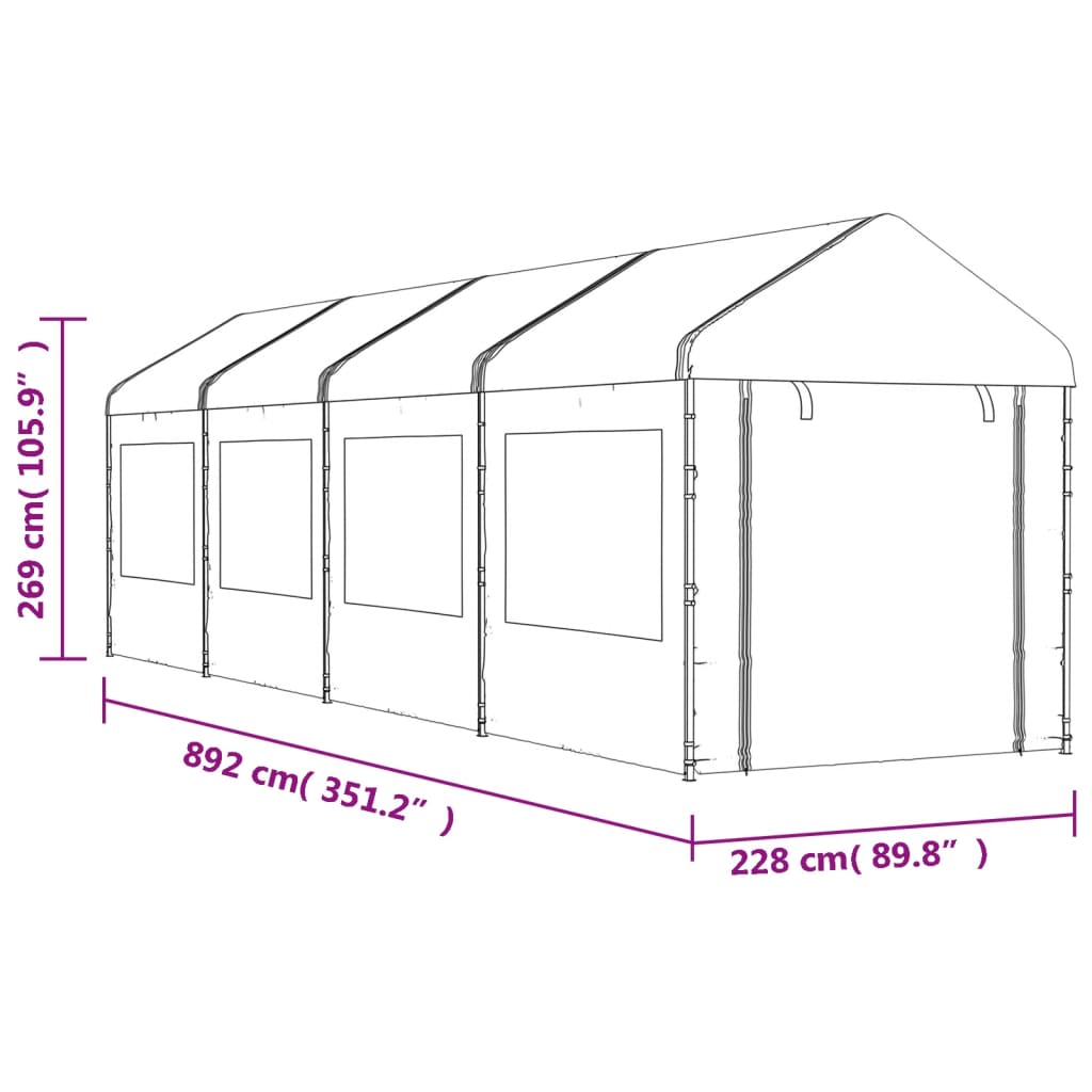 Prieel met dak 13,38x2,28x2,69 m polyetheen wit