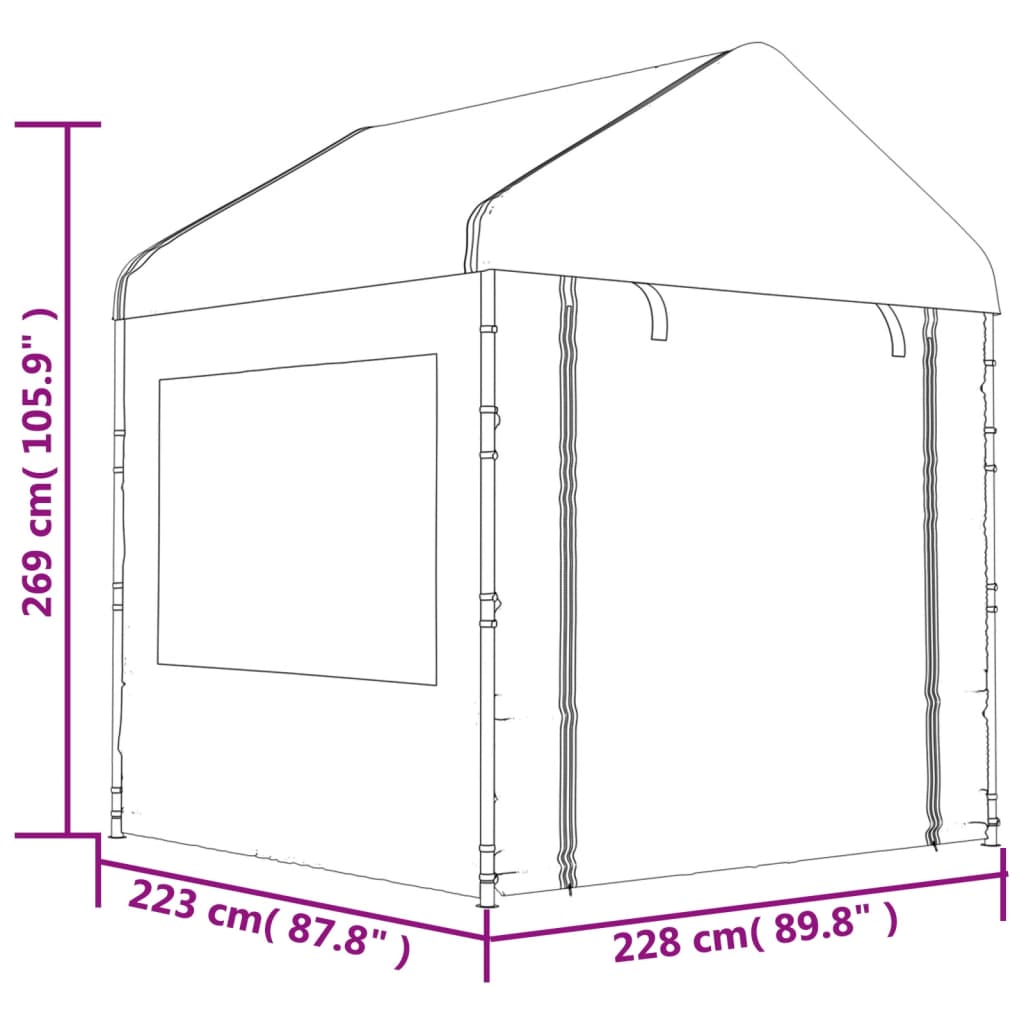 Prieel met dak 13,38x2,28x2,69 m polyetheen wit