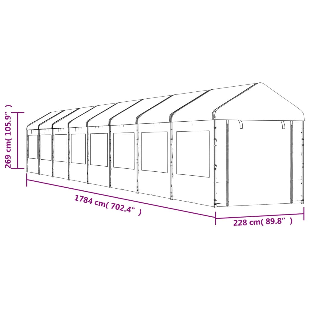 Prieel met dak 13,38x2,28x2,69 m polyetheen wit