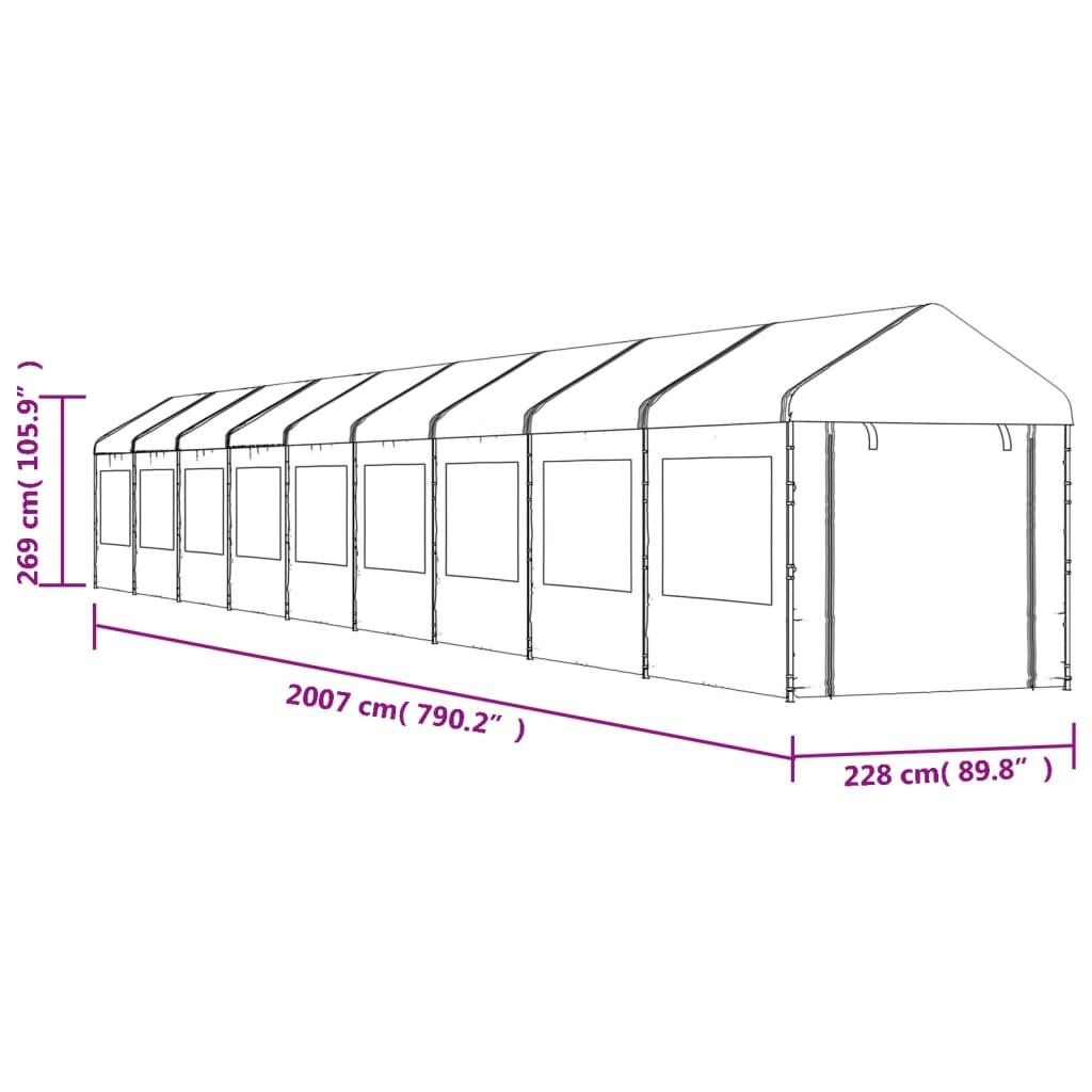 Prieel met dak 13,38x2,28x2,69 m polyetheen wit