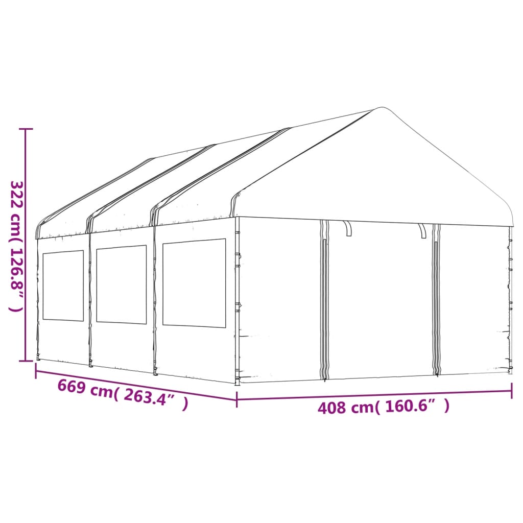 Prieel met dak 13,38x4,08x3,22 m polyetheen wit