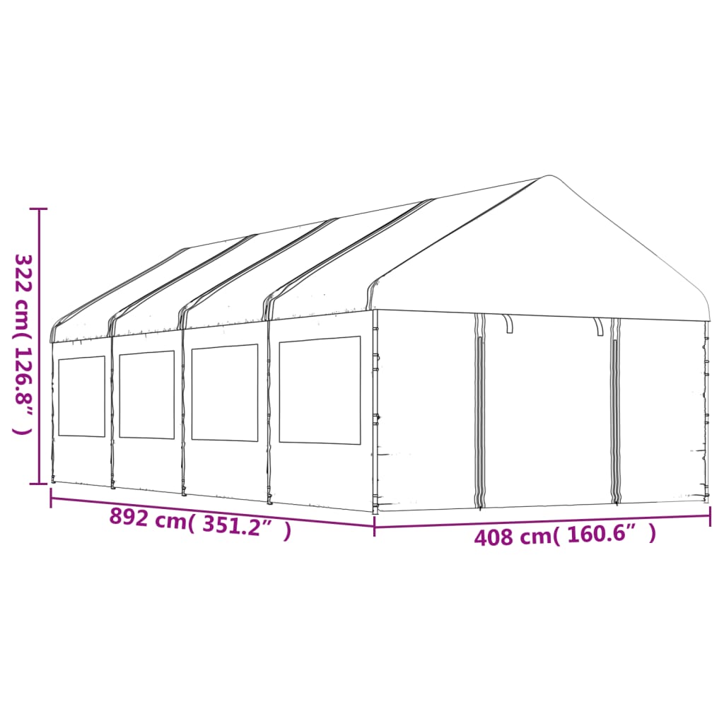 Prieel met dak 13,38x4,08x3,22 m polyetheen wit