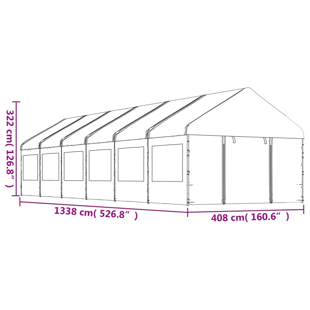 Prieel met dak 13,38x4,08x3,22 m polyetheen wit