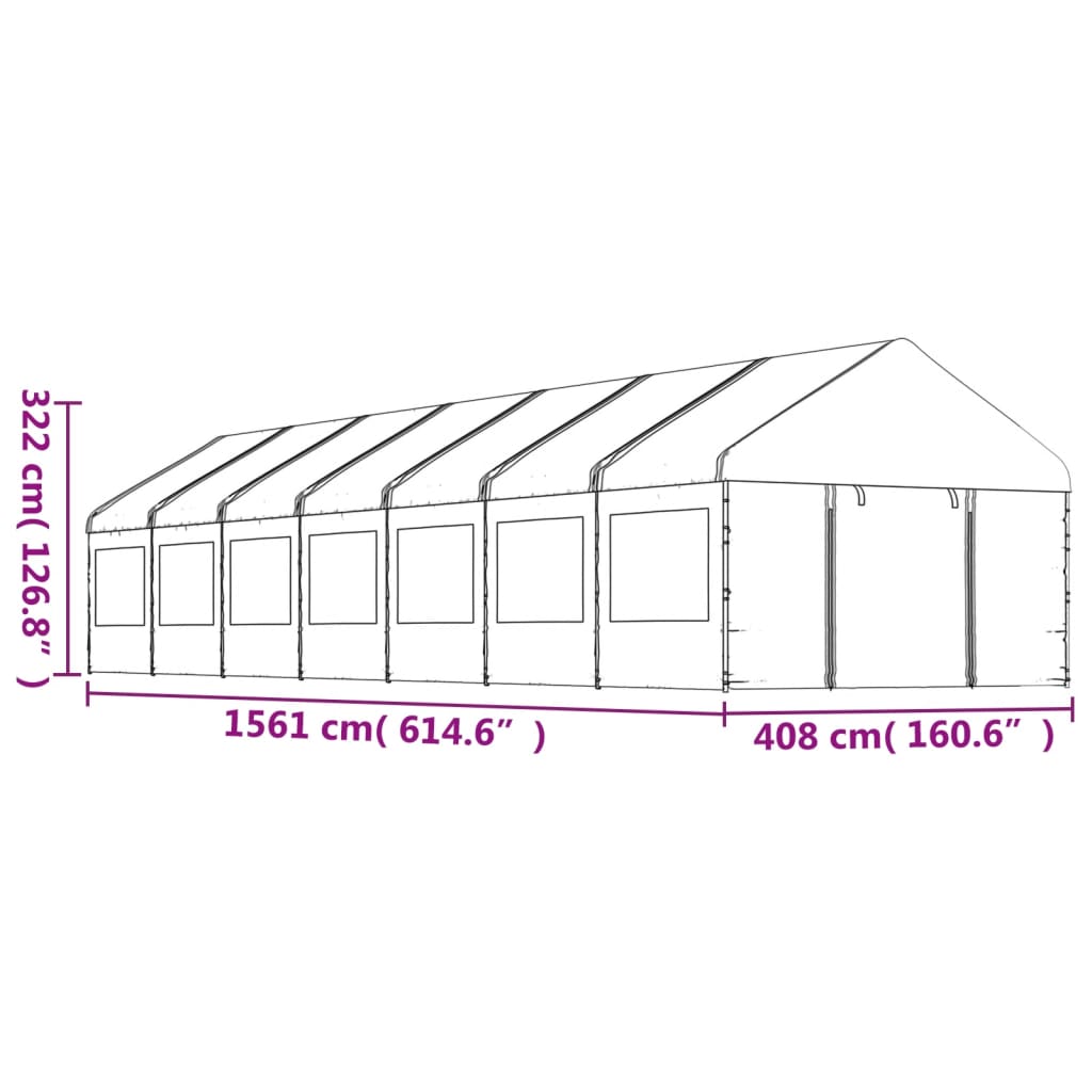 Prieel met dak 13,38x4,08x3,22 m polyetheen wit