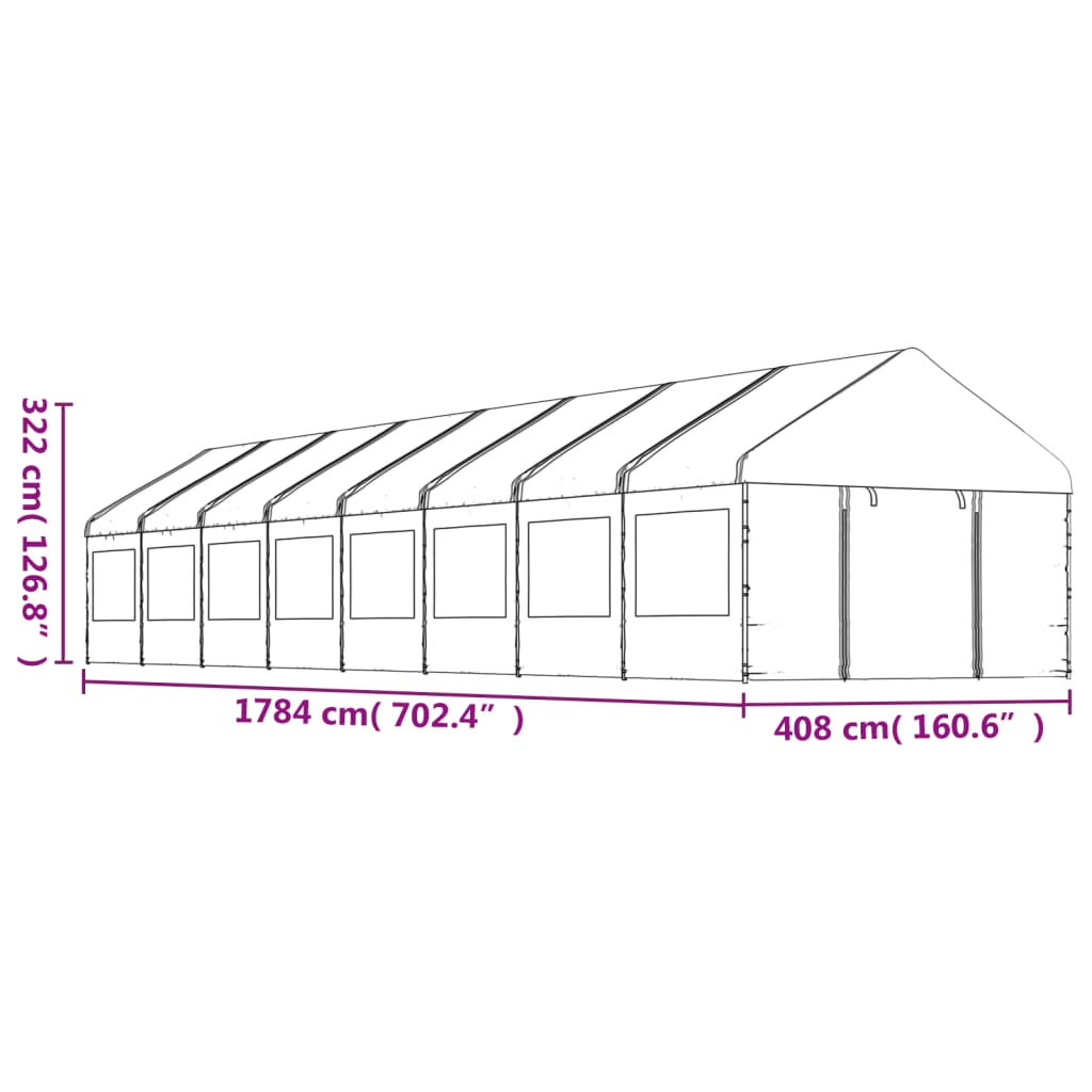 Prieel met dak 13,38x4,08x3,22 m polyetheen wit