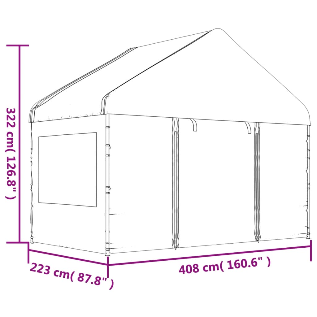 Prieel met dak 13,38x4,08x3,22 m polyetheen wit