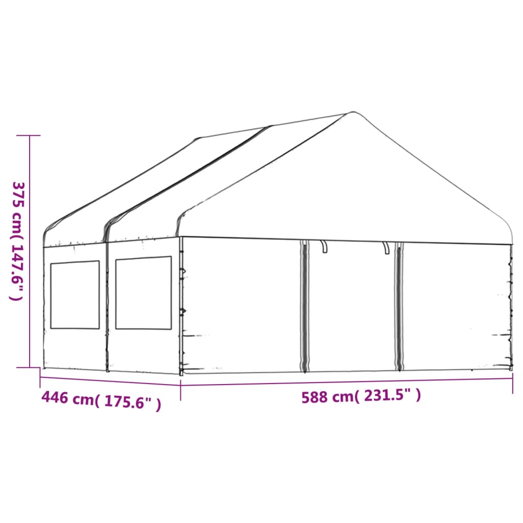 Prieel met dak 5,88x2,23x3,75 m polyetheen wit