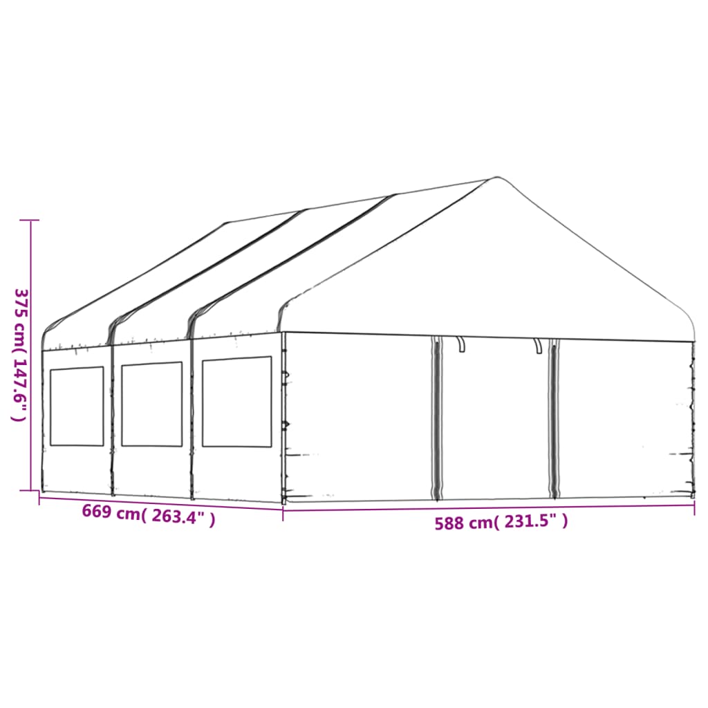 Prieel met dak 5,88x2,23x3,75 m polyetheen wit