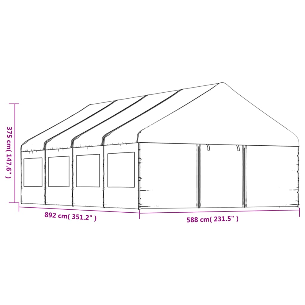 Prieel met dak 5,88x2,23x3,75 m polyetheen wit