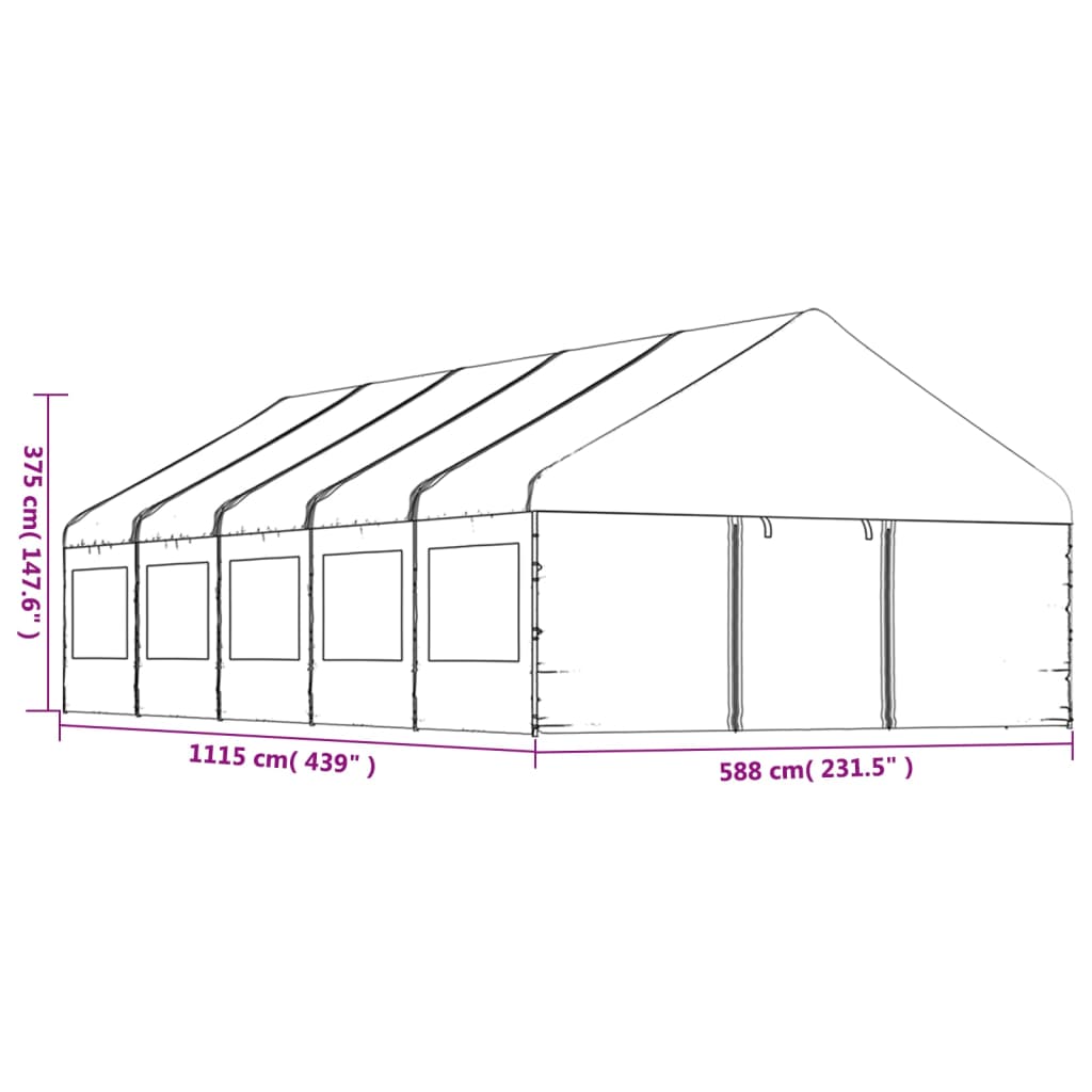 Prieel met dak 5,88x2,23x3,75 m polyetheen wit