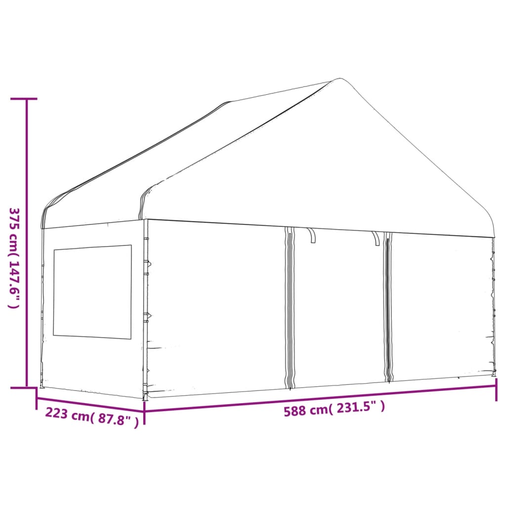 Prieel met dak 17,84x5,88x3,75 m polyetheen wit